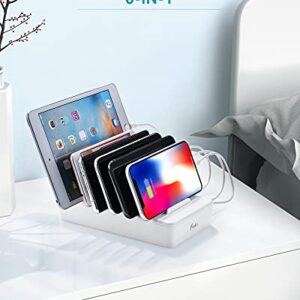 Charging Station for Multiple Devices, 6 Ports Compatible Cables W/3 iPhone, Micro USB,Type C,Compatible with Apple Charging Station,Phone,iPad,Cell Phone,Tablets,iPad,Kindle,White