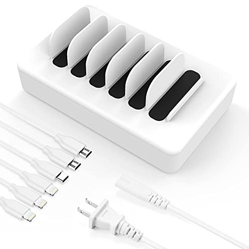 Charging Station for Multiple Devices, 6 Ports Compatible Cables W/3 iPhone, Micro USB,Type C,Compatible with Apple Charging Station,Phone,iPad,Cell Phone,Tablets,iPad,Kindle,White