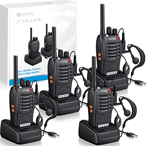 Walkie Talkies,eSynic 4Pcs Professional Rechargeable Walkie Talkies Long Range 2 Way Radio Handheld Radio Walkie Talkies for Adults Supports VOX 16CH with LED Light Original Earpieces for Camping etc