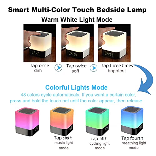 Bluetooth Speaker Night Lights, Bluetooth Alarm Clock for Kids MP3 Player, Touch Control Bedside lamp, Color Changing Table Lamp Alarm Clocks for Bedroom Decor Xmas Gifts for Teenage Girls Boys Women