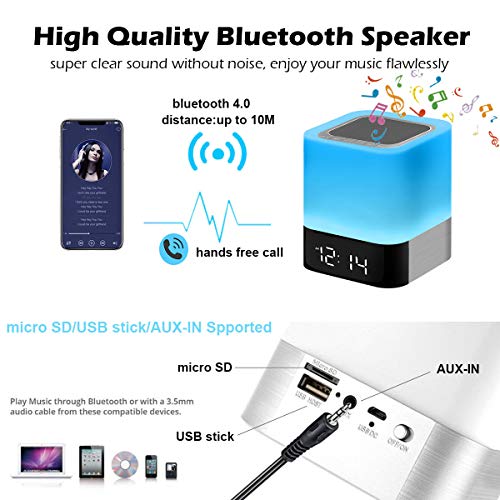 Bluetooth Speaker Night Lights, Bluetooth Alarm Clock for Kids MP3 Player, Touch Control Bedside lamp, Color Changing Table Lamp Alarm Clocks for Bedroom Decor Xmas Gifts for Teenage Girls Boys Women