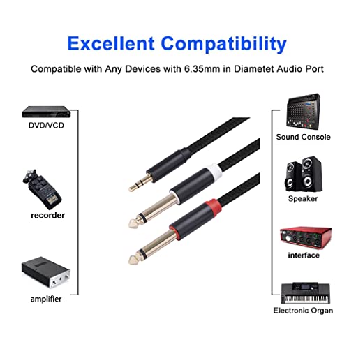 3.5mm to Dual 1/4 Adapter 1/8 to 6.35mm TS Mono Audio Cable Stereo Breakout Cord Y Splitter Compatible with iPhone, iPod, Computer Sound Card, Headphone, Speaker, Home Stereo System, 3.3Feet