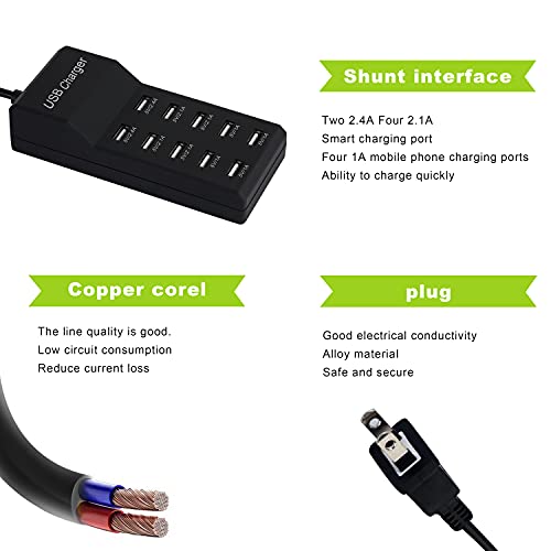 Wyssay USB Charger,5V 10A(50W) USB Charging Station with 10-Port Family-Sized Smart USB Ports for Multiple Devices Smart Phone Tablet Laptop Computer Black