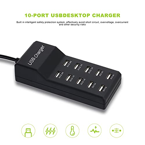 Wyssay USB Charger,5V 10A(50W) USB Charging Station with 10-Port Family-Sized Smart USB Ports for Multiple Devices Smart Phone Tablet Laptop Computer Black