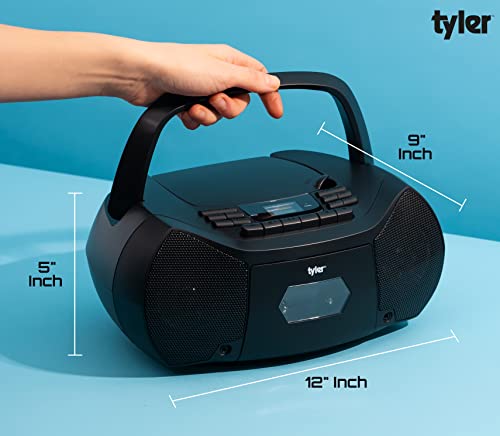 Tyler Portable CD Cassette Boombox 2022 Model CD Player Cassette Player AM/FM Combo Wireless Battery Operated or Ac -in, (2) AUX-in Ports TAU106-BK