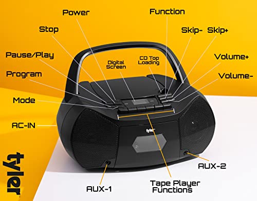 Tyler Portable CD Cassette Boombox 2022 Model CD Player Cassette Player AM/FM Combo Wireless Battery Operated or Ac -in, (2) AUX-in Ports TAU106-BK