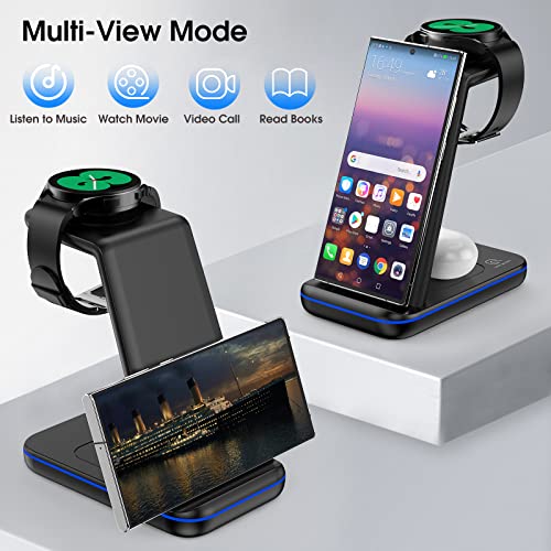 Wireless Charging Station for Samsung, 3 in 1 Wireless Charger Stand for Samsung Galaxy S23/22/21/20/10/Note 20/10, Samsung Watch Charger for Galaxy Watch 5/4/3/Active 2/1/LTE, Buds/Pro/+/Live