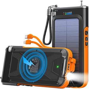 blavor solar power bank with fm radio,portable wireless charger 20000mah external battery pack 15w qc 3.0 fast charging,bright flashlight, compatible with smartphones and all usb devices (orange)