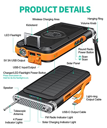 BLAVOR Solar Power Bank with FM Radio,Portable Wireless Charger 20000mAh External Battery Pack 15W QC 3.0 Fast Charging,Bright Flashlight, Compatible with Smartphones and All USB Devices (Orange)