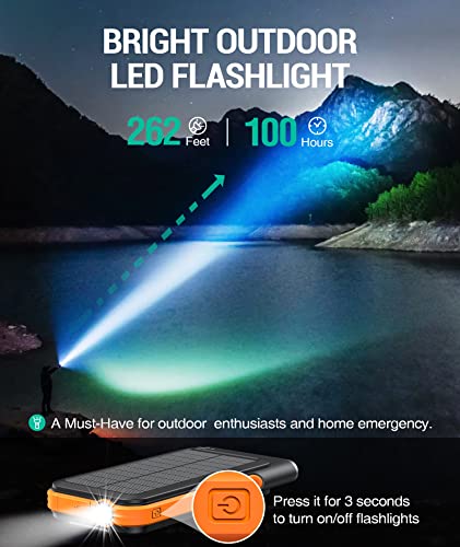 BLAVOR Solar Power Bank with FM Radio,Portable Wireless Charger 20000mAh External Battery Pack 15W QC 3.0 Fast Charging,Bright Flashlight, Compatible with Smartphones and All USB Devices (Orange)