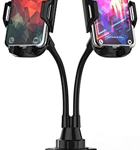 CAVIANA Dual Phone Holder for Car Cup Holder – Long Flexible Neck, 360° Rotatable Car Phone Mount - Adjustable Cell Phone Cup Holder, Universal Size Fits 2 iPhone, Samsung, GPS and More (Cradle)