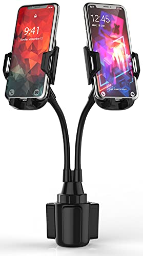 CAVIANA Dual Phone Holder for Car Cup Holder – Long Flexible Neck, 360° Rotatable Car Phone Mount - Adjustable Cell Phone Cup Holder, Universal Size Fits 2 iPhone, Samsung, GPS and More (Cradle)