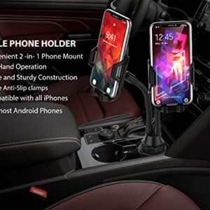 CAVIANA Dual Phone Holder for Car Cup Holder – Long Flexible Neck, 360° Rotatable Car Phone Mount - Adjustable Cell Phone Cup Holder, Universal Size Fits 2 iPhone, Samsung, GPS and More (Cradle)