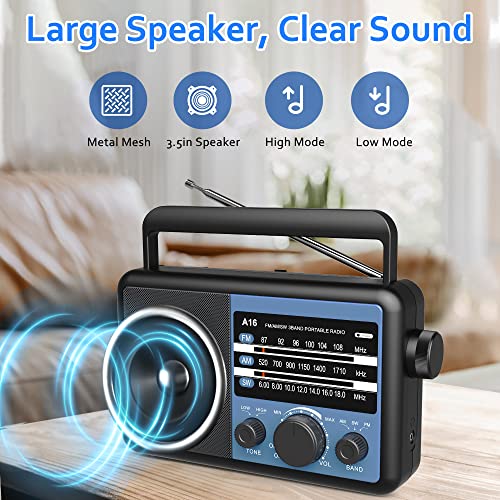 Portable AM FM SW Radio: Battery Operated Radio by 4 D Cell Batteries Or AC Power Shortwave Radio with Excellent Reception,Big Speaker, Standard Earphone Jack, High/Low Tone Mode, Large Knob