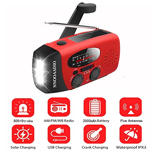 2000mAh SOS Alarm Emergency Weather Radio, 3LED Type-C Hand Crank Solar Battery Operated Wind Up Radio Flashlight, NOAA AM FM Portable Radio Cell Phone Charger Survival Kit (Red)