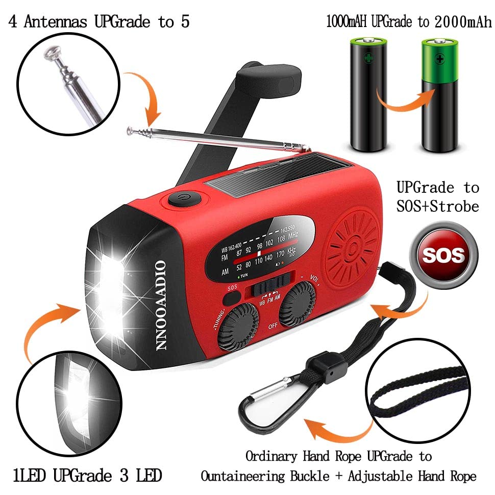 2000mAh SOS Alarm Emergency Weather Radio, 3LED Type-C Hand Crank Solar Battery Operated Wind Up Radio Flashlight, NOAA AM FM Portable Radio Cell Phone Charger Survival Kit (Red)