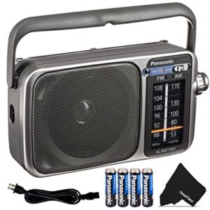 panasonic portable radio am/fm battery powered electric with led tuning indicator | 5 core radio, best sound and reception, small size, plug option | includes 4 aa batteries and cleaning cloth