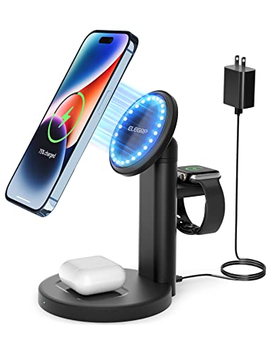 ELEGRP Magnetic Wireless Charger Station, Magesafe Charger 3 in 1 with 18W Adapter, for iPhone 14 (Plus/Pro/Pro Max), iPhone 13&12 (Mini/Pro/Pro Max), iWatch, Airpods/Samsung Headset (Black)