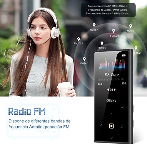 Mp3 Player, Oilsky 32GB Music Player with Bluetooth 5.0, Lightweight Portable Lossless Mp3 with FM Radio, Built-in Speaker, Touch Buttons, Voice Recorder for Sport, Running, Expand up to 128GB, Black