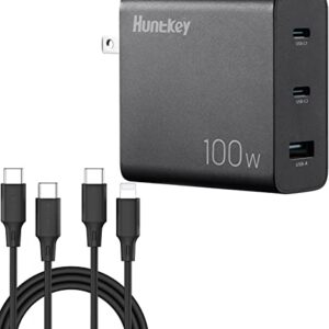 Huntkey 100W USB C Charger 3-Port GaN PD Fast Power Adapter USB C Wall Charger Block for MacBook Pro/Air, Dell XPS, iPad, iPhone 14/14 Pro /13/13 Pro, Galaxy S22/S21, Pixel and More(2Pack Cable)