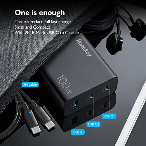 Huntkey 100W USB C Charger 3-Port GaN PD Fast Power Adapter USB C Wall Charger Block for MacBook Pro/Air, Dell XPS, iPad, iPhone 14/14 Pro /13/13 Pro, Galaxy S22/S21, Pixel and More(2Pack Cable)