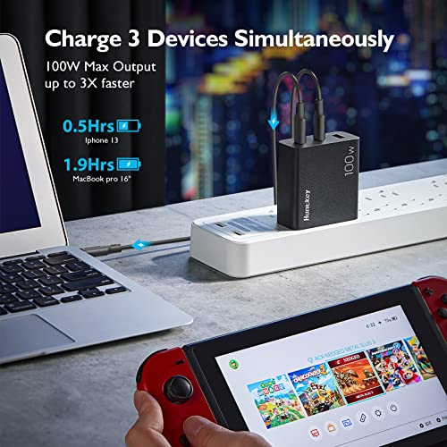 Huntkey 100W USB C Charger 3-Port GaN PD Fast Power Adapter USB C Wall Charger Block for MacBook Pro/Air, Dell XPS, iPad, iPhone 14/14 Pro /13/13 Pro, Galaxy S22/S21, Pixel and More(2Pack Cable)