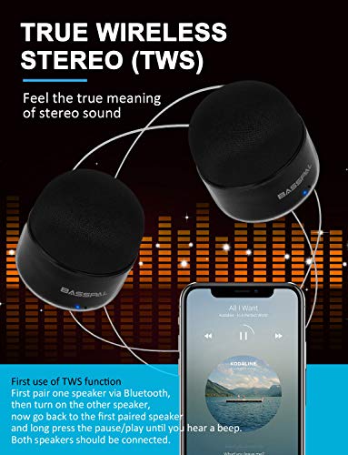 BassPal Portable Bluetooth Speakers, Small True Wireless Stereo (TWS) Speaker with Radio, IPX5 Waterproof, HD Sound & Enhanced Bass, Mini Pocket Size for Home Travel Shower Pool Beach Outdoor-2 Pack