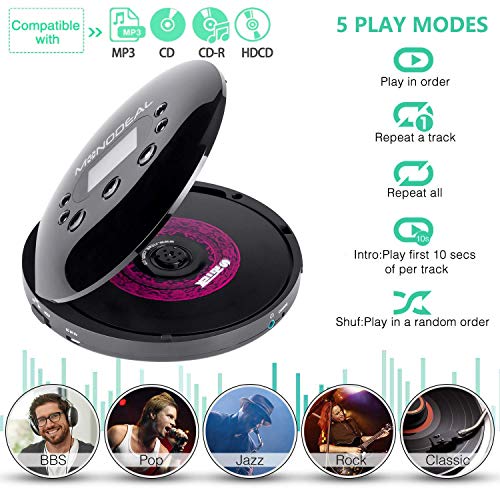 Portable CD Player, MONODEAL Rechargeable Personal Compact Disc CD Player with Headphones, Anti-Skip Small Walkman Music CD Player for Cars Adults Kids Students (with Larger LCD Display)