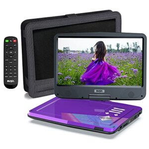 sunpin portable dvd player 12.5″ with hd swivel screen, 5 hours long lasting battery, car headrest mount case, car charger, power adaptor, support usb/sd card/sync tv/multiple disc formats, purple
