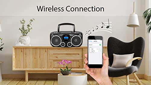 RIPTUNES Portable CD Player Bluetooth Stereo Sound System Digital AM FM Radio, MP3 CD Boombox USB SD PALYBACK with Enhanced Bass, Aux in, Headphone Jack, CD-R/CD-RW Compatible LCD CLOCK Display, Black