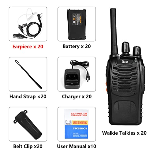 TIDRADIO TD-V2 Walkie Talkies for Adults with Earpiece 2 Way Radios Walkie Talkies Long Range Hand Free with Flashilght Two Way Radio Rechargeable for Business or Family (20 Pack)