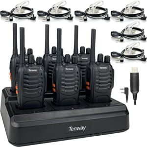 6pack tw-888s two way radio for adult long range rechargeable handheld walkie talkie with air earpiece and programming cable and 6 way multi unit charger