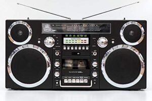 gpo brooklyn 1980s-style portable boombox – cd player, cassette player, fm radio, usb, wireless bluetooth speaker – black