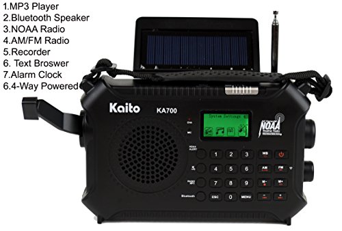 Kaito KA700 Bluetooth Emergency Hand Crank Dynamo & Solar Powered AM FM Weather NOAA Band Radio with Recorder and MP3 Player - Rugged Design for Hiking, Camping, Construction Sites, Etc. (Black)