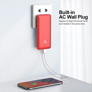 10000mAh Portable Charger, Ultra Slim Power Bank,4 Output External Battery Pack with Built-in AC Wall Plug Micro and USB C Three Cables Compatible with All mobilephone