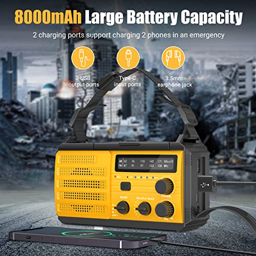 8000mAh Emergency Crank Weather Radio,AM/FM/NOAA Hand Crank Solar Powered Radio with Weather Alert,Emergency Phone Charger,3 Modes Flashlight,SOS Alarm,Earphone Jack,Compass for Emergency Outdoor