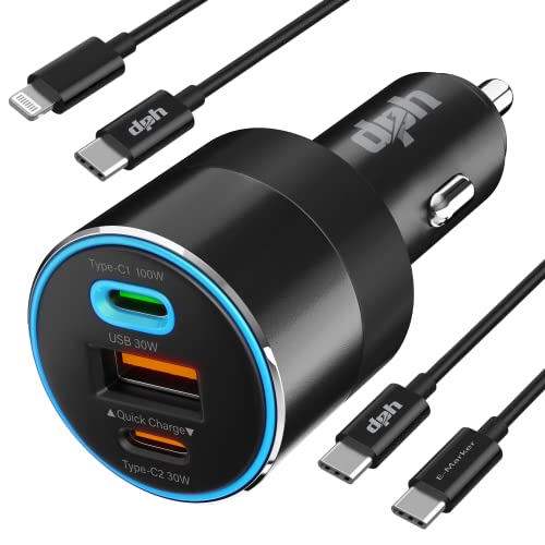 160W USB C Car Charger E-Marker Lightning Cable, DPH Type C Car Charger QC3.0 PD, Metal 3 Port Super Fast Charging Car Adapter for iPhone 13/12/11 Pro Max, Samsung S22 S21 iPad MacBook Pro Air Laptop