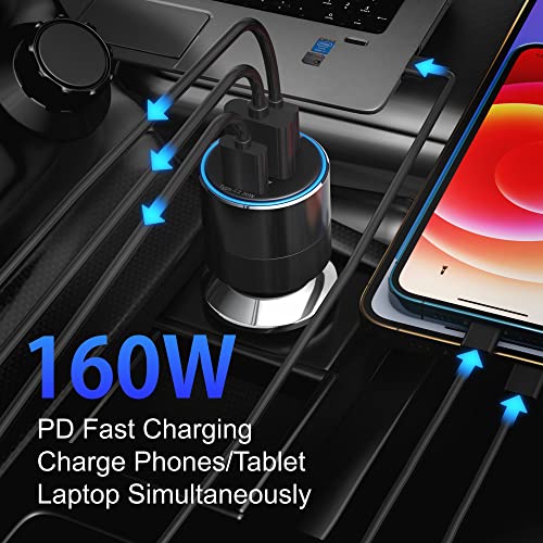 160W USB C Car Charger E-Marker Lightning Cable, DPH Type C Car Charger QC3.0 PD, Metal 3 Port Super Fast Charging Car Adapter for iPhone 13/12/11 Pro Max, Samsung S22 S21 iPad MacBook Pro Air Laptop