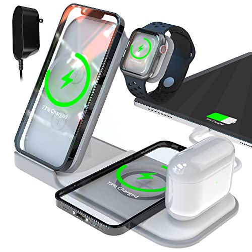 Wireless Charging Station, Foldable Fast Wireless Charger 5 in 1, 2 Phones Charging Stand Dock for iPhone 14/14 Plus/14 Pro Max/13/12/11/X/8, for Apple Watch Ultra/AirPods/iPad Series (with Adapter)