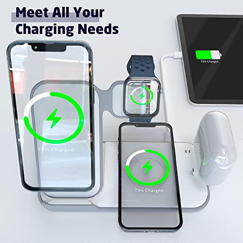 Wireless Charging Station, Foldable Fast Wireless Charger 5 in 1, 2 Phones Charging Stand Dock for iPhone 14/14 Plus/14 Pro Max/13/12/11/X/8, for Apple Watch Ultra/AirPods/iPad Series (with Adapter)