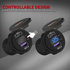 DaierTek 12V USB C Car Charger Socket, 12V USB Outlet, 48W PD Type C & QC 3.0 12 Volt Dual USB Charging Port Waterproof with Voltmeter & ON/Off Switch for Car Marine Boat Golf Cart -3Pack