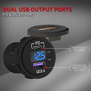 DaierTek 12V USB C Car Charger Socket, 12V USB Outlet, 48W PD Type C & QC 3.0 12 Volt Dual USB Charging Port Waterproof with Voltmeter & ON/Off Switch for Car Marine Boat Golf Cart -3Pack