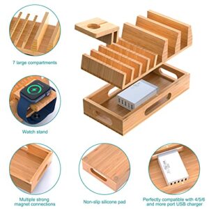 Pezin & Hulin Bamboo Charging Station Holder with 5 Port USB Charger, Watch Stand, 6 x Charge Cable, Wood Docking Stand Electronic Organizer for Multiple Devices, Phones, Tablets, Laptop and More