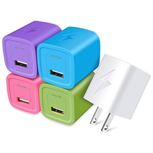 Charger Block, AILKIN 5Pack USB Wall Charging Adapter Fast Charge Power Plug Brick for iPhone 14 13 Pro Max 12 11, Samsung Galaxy S22 Ultra, Google, LG, One Port USB Mini Station Cube Box for Travel