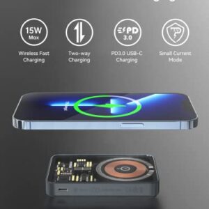 MOMAX Magnetic Wireless Portable Charger, Transparent Battery Pack with Stand, Foldable 5000 mAh Magnetic Wireless Power Bank and USB-C for iPhone 14/13/12 Series, Magnetic Portable Charger for iPhone