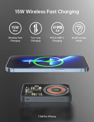 MOMAX Magnetic Wireless Portable Charger, Transparent Battery Pack with Stand, Foldable 5000 mAh Magnetic Wireless Power Bank and USB-C for iPhone 14/13/12 Series, Magnetic Portable Charger for iPhone