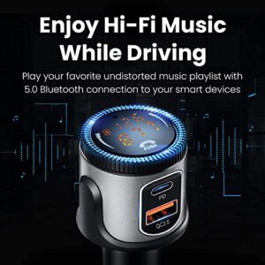 Bluetooth 5.1 FM Transmitter for Car, Wireless Bluetooth Car Adapter with 36W QC 3.0 + PD 3.0 USB C Fast Charger, Car Radio Transmitter, Support Hands-Free Phone Call Siri Voice Assistant