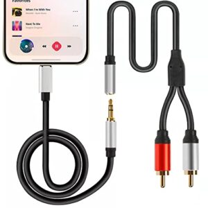 2-in-1 audio cable--iOS port to 3.5mm plug Cable and Female 3.5mm aux-in to RCA Stereo Extension Adapter Cord Compatible with iPhone/iPod/iPad to Headphone, Car, Speaker, Amplifier, Home theater etc.