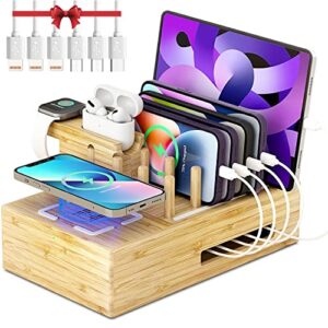bamboo charging station for multiple devices – darfoo docking station organizer, 1 qi-certified fast wireless charger, and 7 usb charging ports compatible with cellphone, smart watch, earbuds, tablet