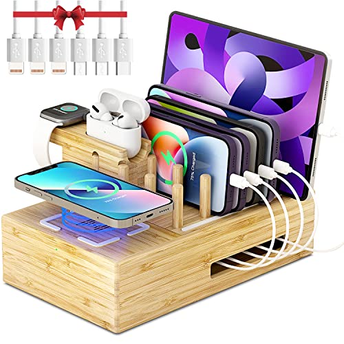 Bamboo Charging Station for Multiple Devices - Darfoo Docking Station Organizer, 1 Qi-Certified Fast Wireless Charger, and 7 USB Charging Ports Compatible with Cellphone, Smart Watch, Earbuds, Tablet